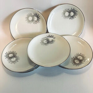 Kutani Burst China (7) Salad Plates White/Silver/Gray Japan Hand Painted VTG